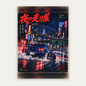 Nachtfahrt – Sportwagen Poster in Neon & Blau