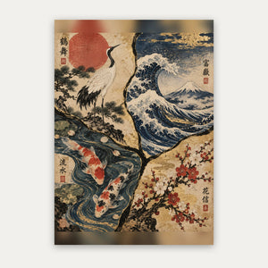 Kranich und Welle – Japanisches Poster in Beige & Blau