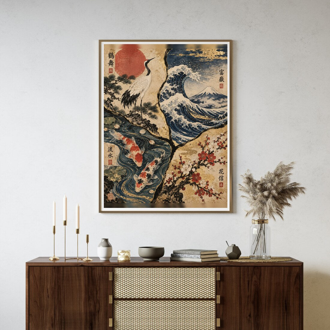 Kranich und Welle – Japanisches Poster in Beige & Blau an der Wand