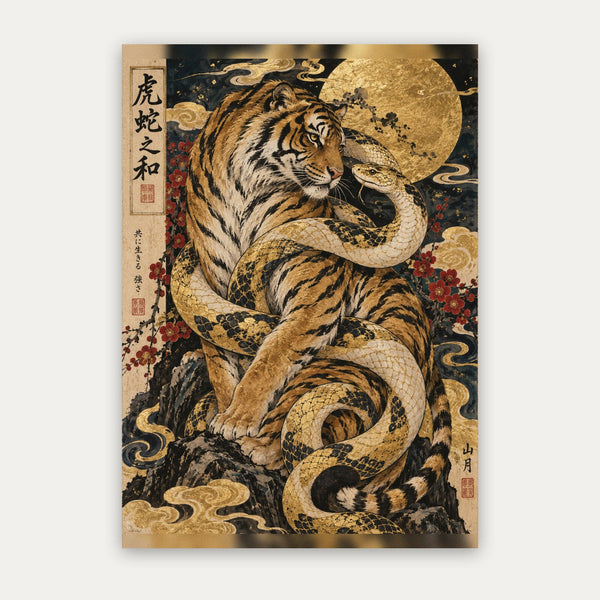 Tiger und Schlange – Japanisches Poster in Gold & Ocker