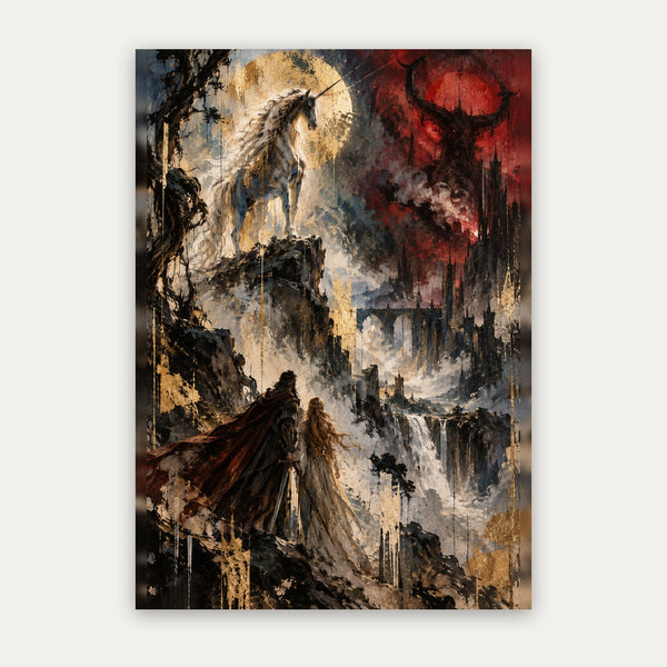 Zwischen Licht und Schatten – Dark Fantasy Poster in Gold & Rot