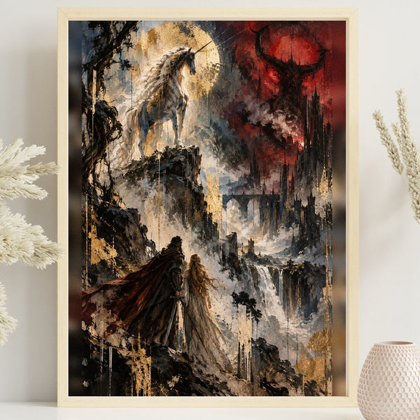 Zwischen Licht und Schatten – Dark Fantasy Poster in Gold & Rot