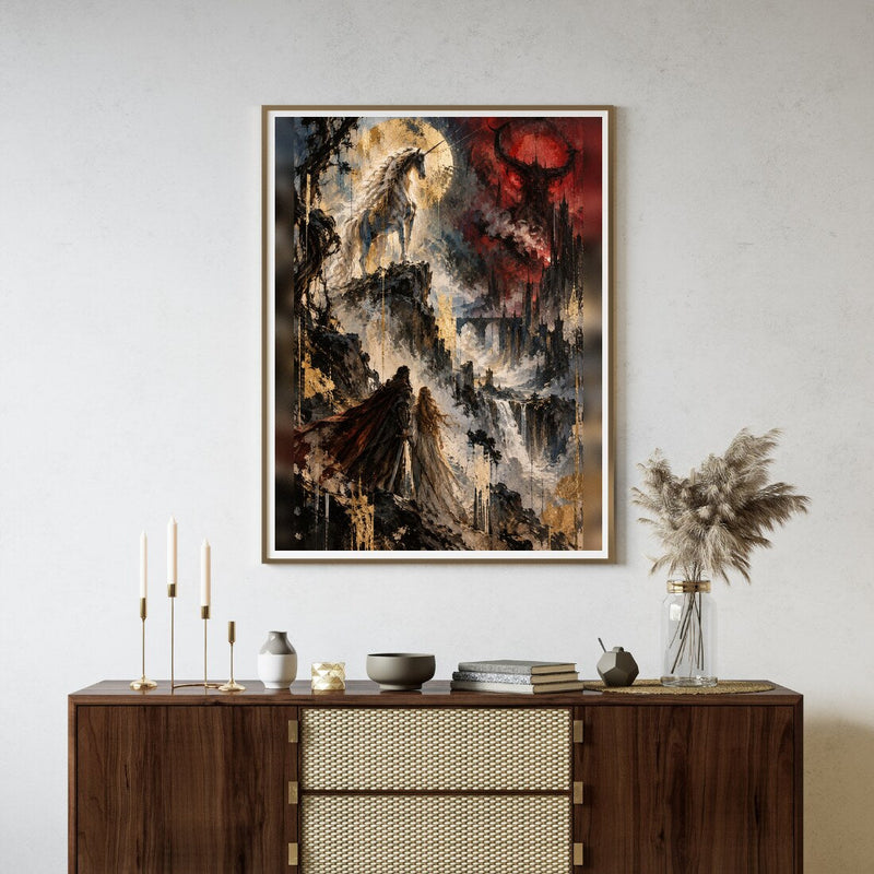 Zwischen Licht und Schatten – Dark Fantasy Poster in Gold & Rot