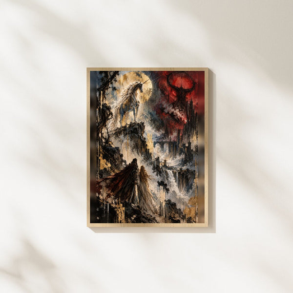 Zwischen Licht und Schatten – Dark Fantasy Poster in Gold & Rot