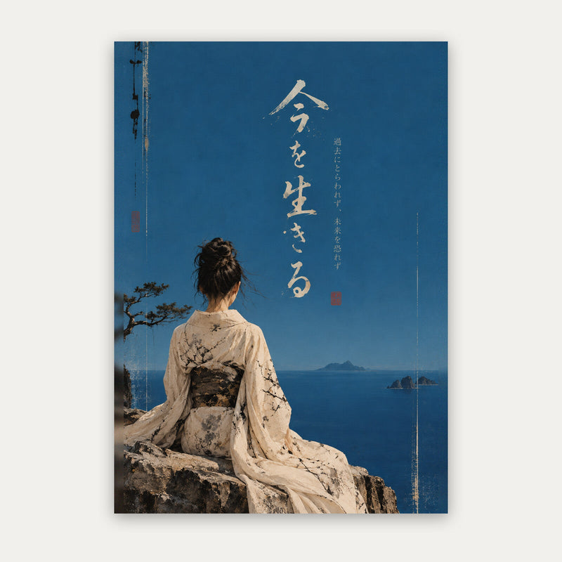 Im Jetzt leben – Japanisches Poster in Blau & Creme