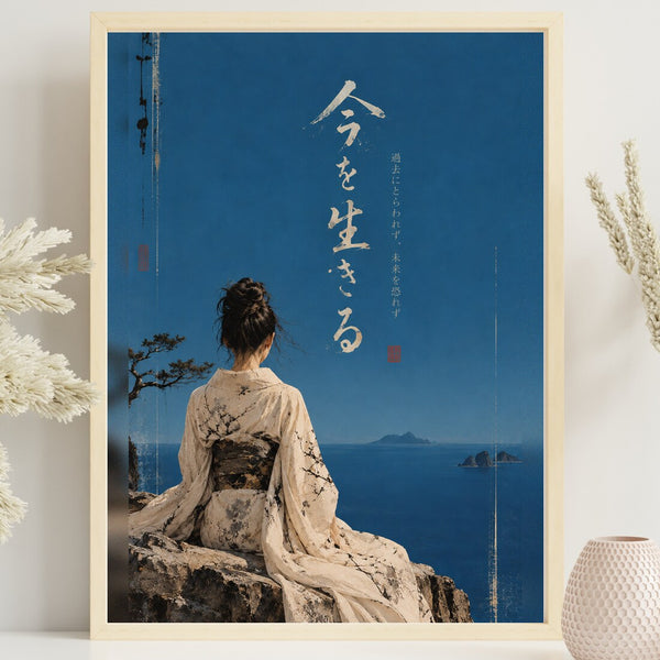 Im Jetzt leben – Japanisches Poster in Blau & Creme