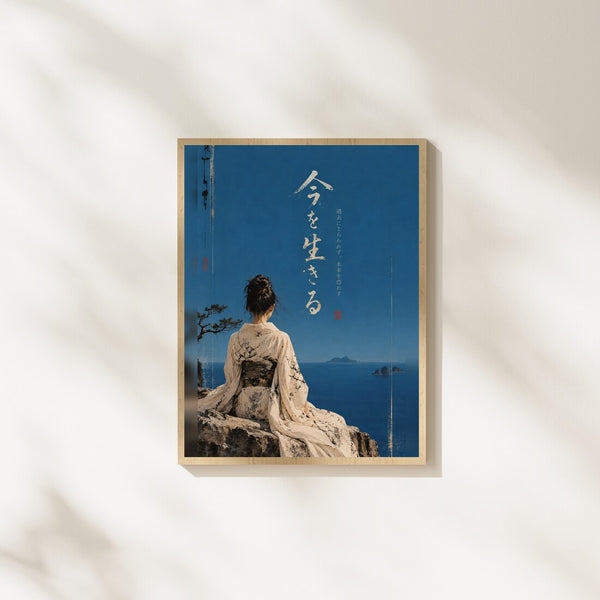 Im Jetzt leben – Japanisches Poster in Blau & Creme