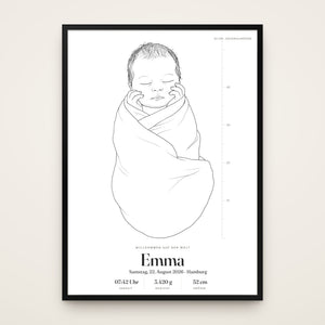 Geburtsposter – Baby als Zeichnung, Poster in Originalgröße