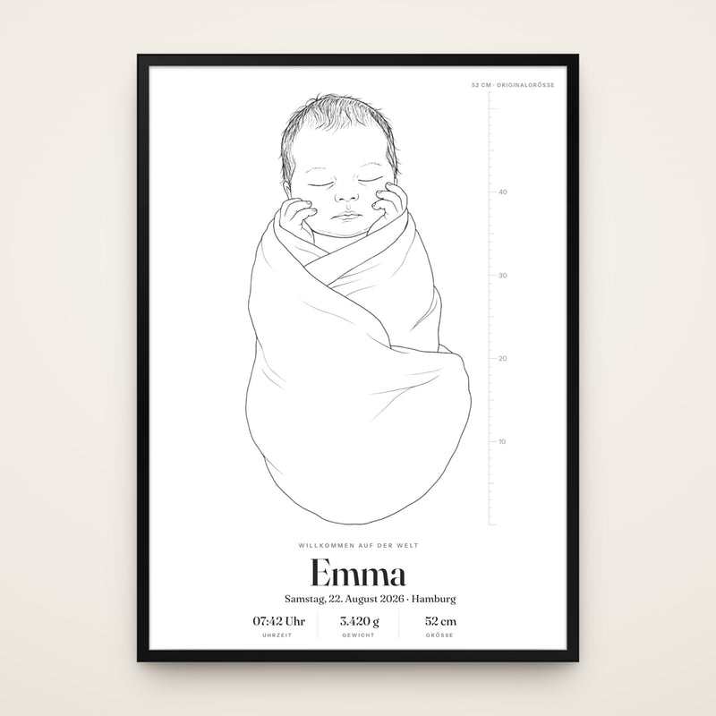 Geburtsposter – Baby als Zeichnung, Poster in Originalgröße
