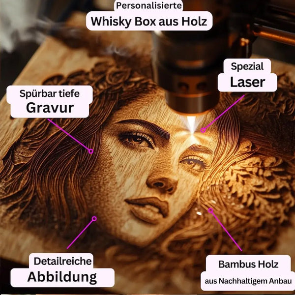 Gravierte Lebensbaum Echt Holz Whisky Box mit Glas Gravur, Personalisierbar mit Namen, Datum, Text - MyMagicMemory DE