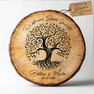 Lebensbaum Holzscheibe mit Lebensbaum - Motiv und persönlicher Gravur auf Holz, Geschenk zum Jahrestag, Hochzeit, Verlobung - MyMagicMemory DE