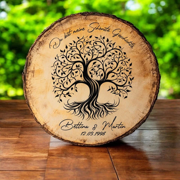 Lebensbaum Holzscheibe mit Lebensbaum - Motiv und persönlicher Gravur auf Holz, Geschenk zum Jahrestag, Hochzeit, Verlobung - MyMagicMemory DE