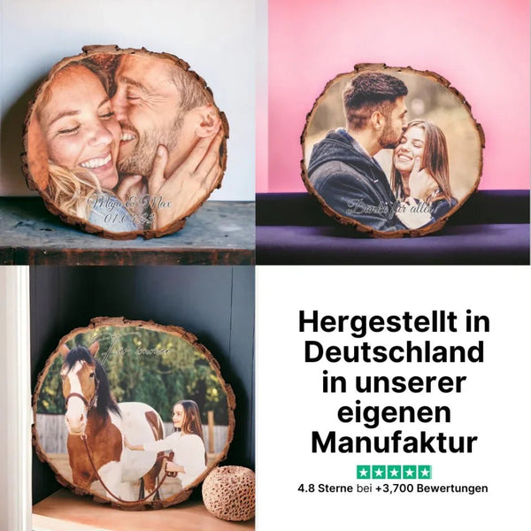 Personalisierte Baumscheibe mit Bild Gravur, Fotoverewigung auf Holz für besondere Erinnerungen - MyMagicMemory DE