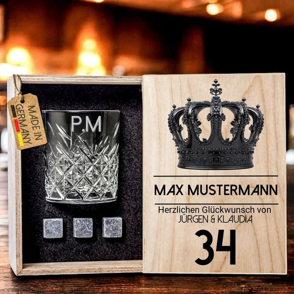 Whisky Geschenkbox aus echt Holz zum Geburtstag oder Jubiläum, mit Glas Gravur, Jahrestag, Hochzeit - MyMagicMemory DE