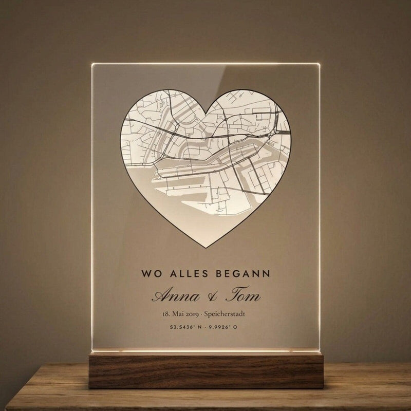Wo alles begann – Acryl-Licht mit Karte eures Ortes