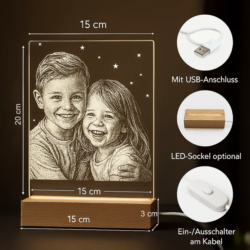 Maße: Gravurfläche 15 × 20 cm, LED-Sockel 15 × 3 cm mit USB und Schalter