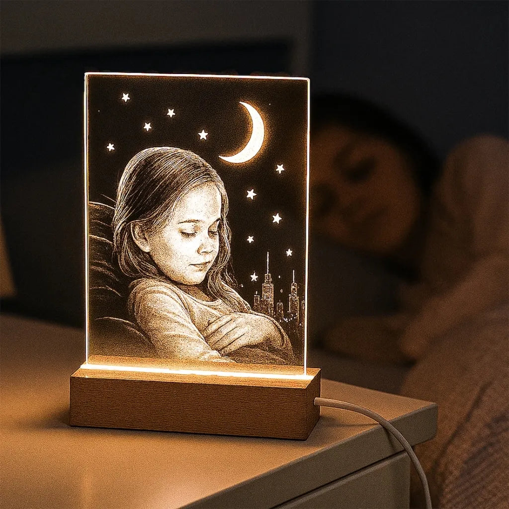 LichtMoment mit graviertem Kinderfoto leuchtet nachts auf dem Nachttisch