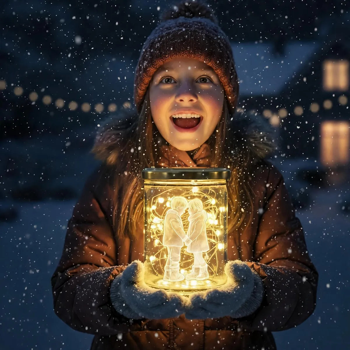 Mädchen im Schnee hält das leuchtende Glaslicht mit Fotogravur