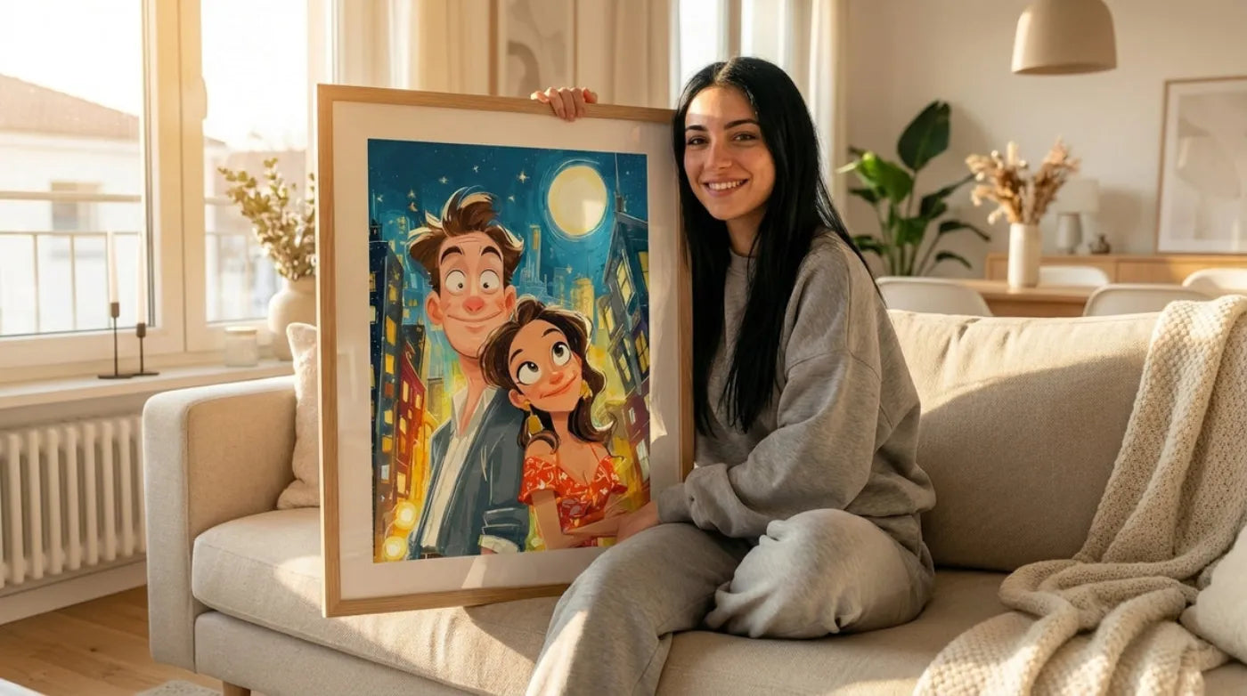 Kundin mit ihrem gerahmten ColorSketch-Poster