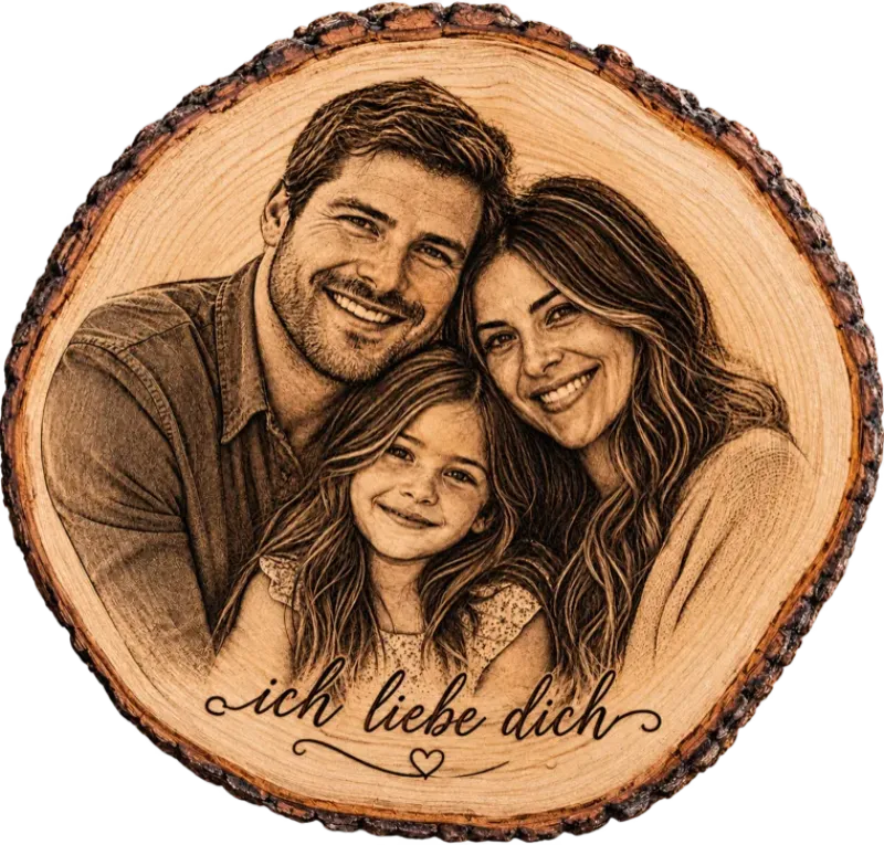 Foto-Baumscheibe mit graviertem Familienfoto und „ich liebe dich“